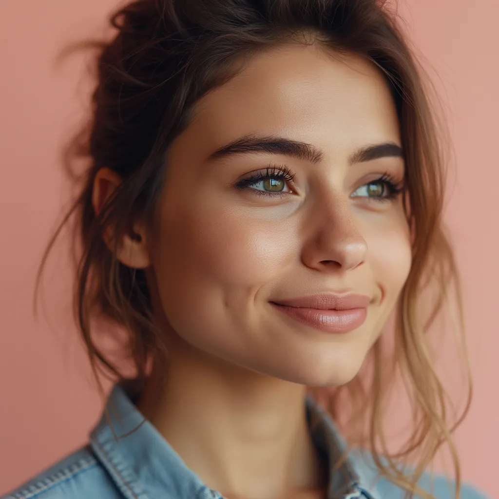 Photo de profil d'une cliente satisfaite, réfléchie.